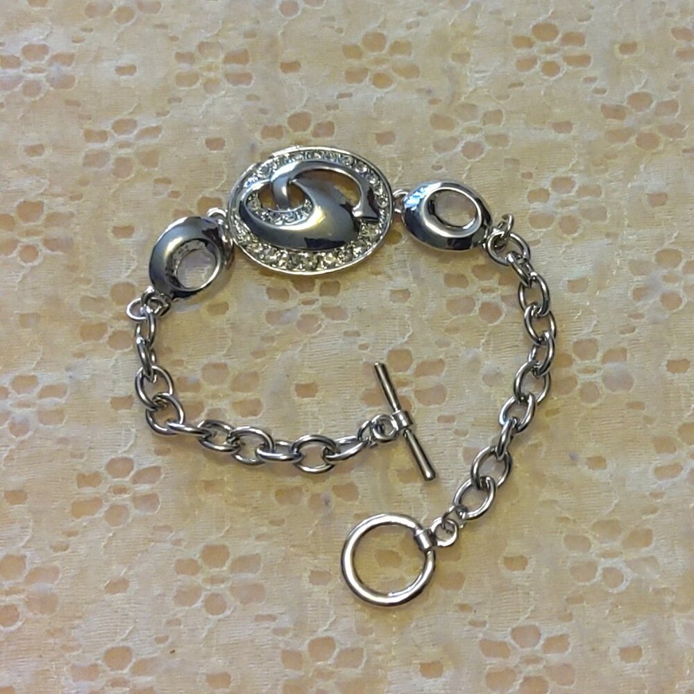 Vintage New Clear Crystal Charm Silver Plated Bangle Bracelet